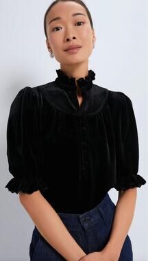Pomander Place | Black Velvet Selena Blouse Victorian Puff Sleeve Top XXS